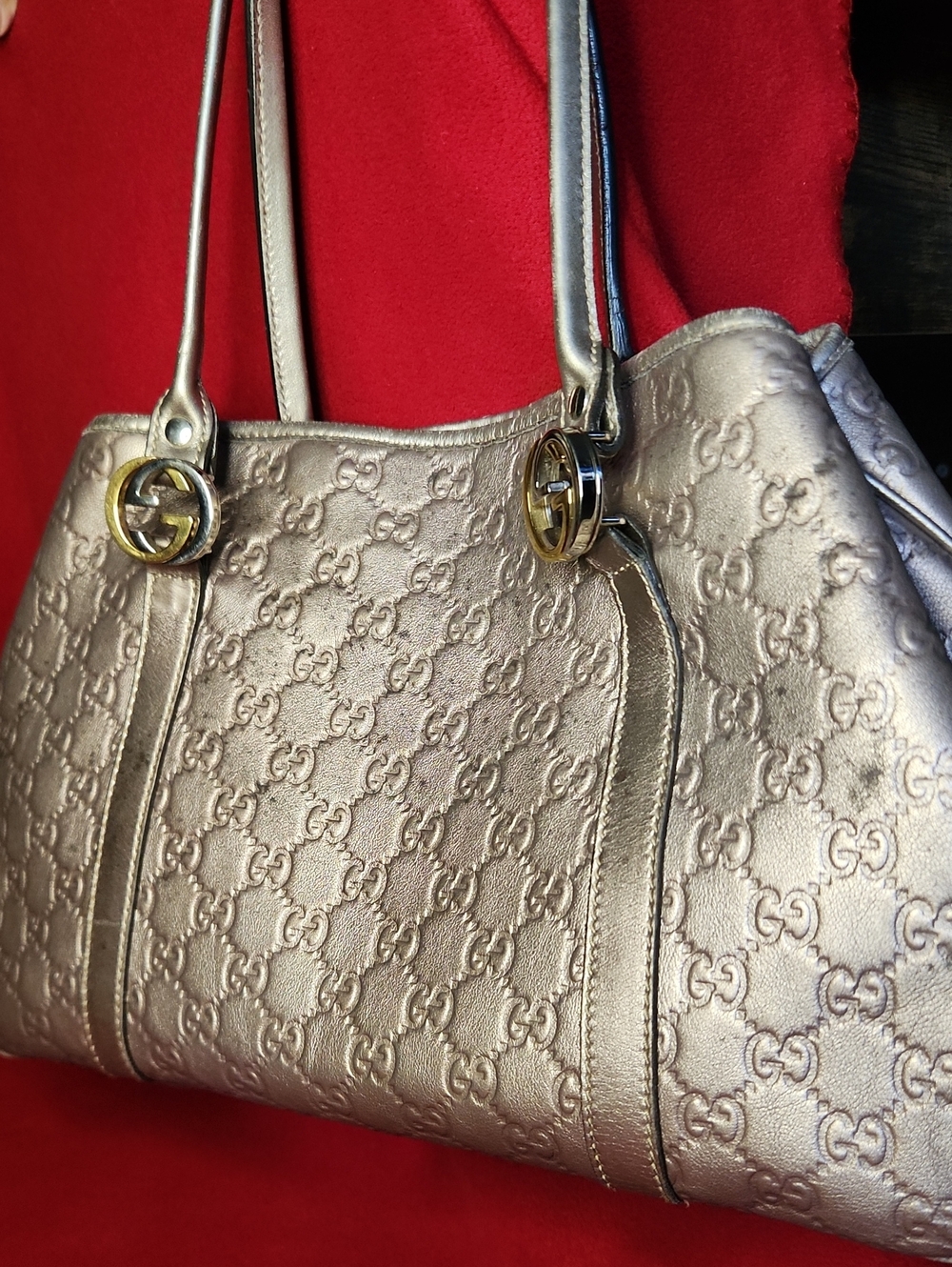 Gucci Metallic Champagne GG-Embossed Shoulder Tote with Gold Hardware